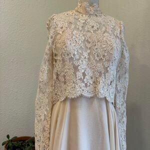 Vintage Women Small Dress Ivory Lace Chiffon Dress High Neck Long Sleeve Bridal